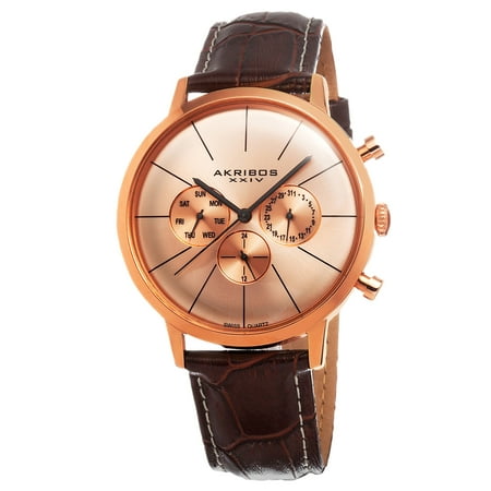 Akribos XXIV Men's Swiss Quartz Rose Gold Multifunction Date Watch - Stainless Steel Case - Sunburst Dial - Military Time -Brown Embossed Alligator Pattern Leather Strap- AK647