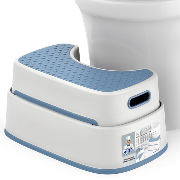 MR.SIGA Toilet Stool Squat Adult, Bathroom Stool Heavy Duty, Anti Slip Toilet Step for Bathroom, Toddler Step Stool for Kids, White & Grayish Blue
