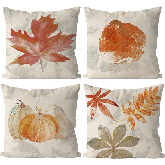 Fall Pillow Covers 18x18 Inch Set of 4 Maple Leaf Pumpkins Hello Fall Throw Pillowcase Thanksgiving Grey Holiday Home Decor Sofa Bedroom Cushion Case Outdoor Indoor Decorations