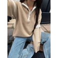 thumbnail image 2 of Womens Quarter Zip Pullover Sweaters Casual Collared V Neck Color Block Long Sleeve Loose Knit Fall Sweater Khaki M, 2 of 6