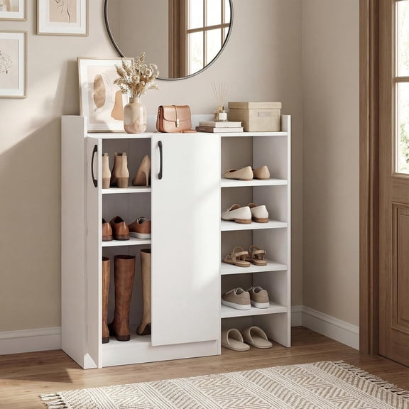 Shoe Cabinet with Doors, Modern Shoe Rack Organizer with 2 Adjustable Inner Shelves, 4 Open Shelves, Freestanding Shoe Storage Cabinet for Entryway, Hallway, Closet, Living Room