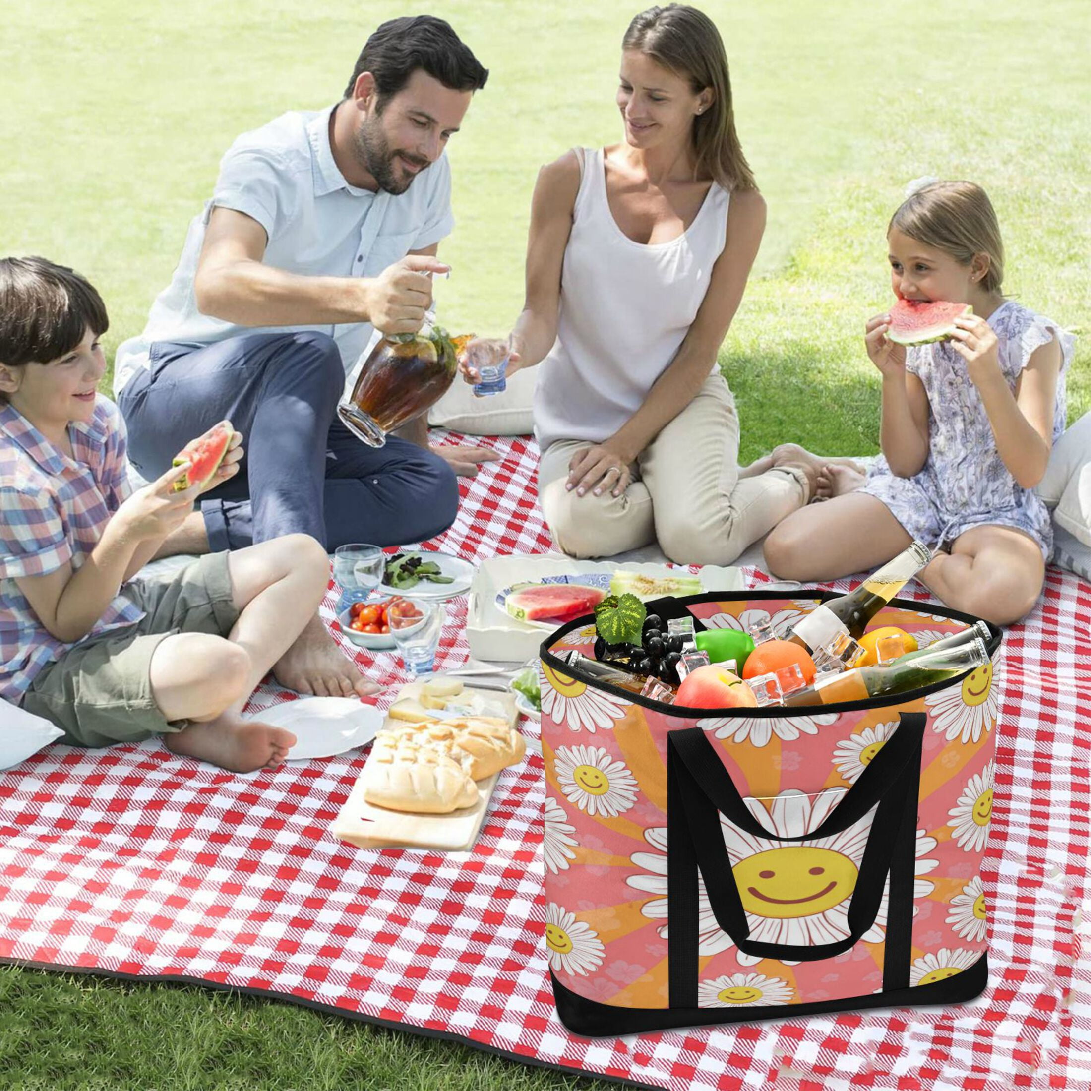 Extra-Large Wide Opening Design Capacity Hand-Held Ice Pack Thickened Insulation Layer For Long-Lasting Cold Retention For Outdoor Shopping Picnics And Camping Smiley Face on Orange Background