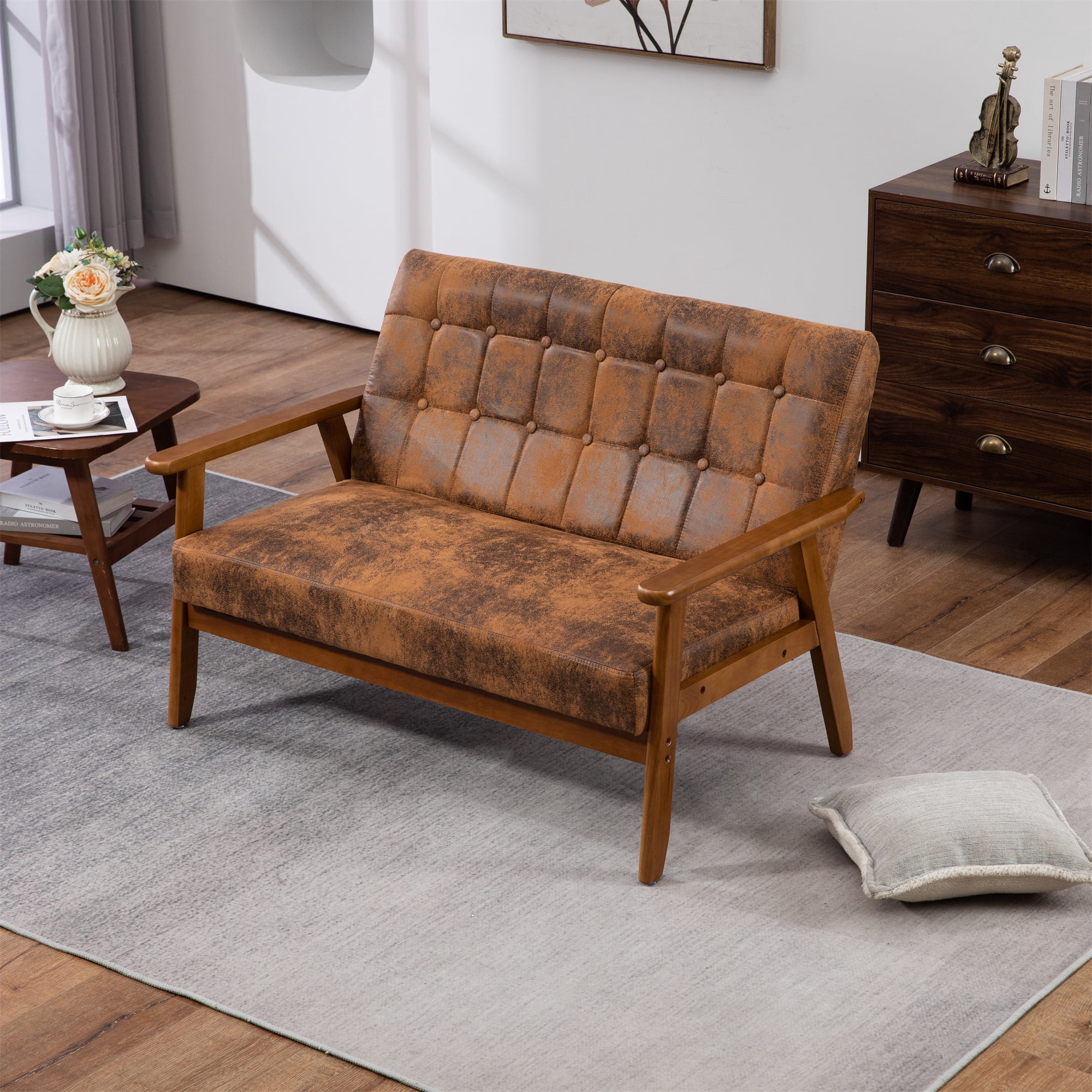 Miniyam Mid Century Modern Loveseat,2-Seat Microsuede Fabric Upholstered,Reading Couch,Accent Sofa,Coffee