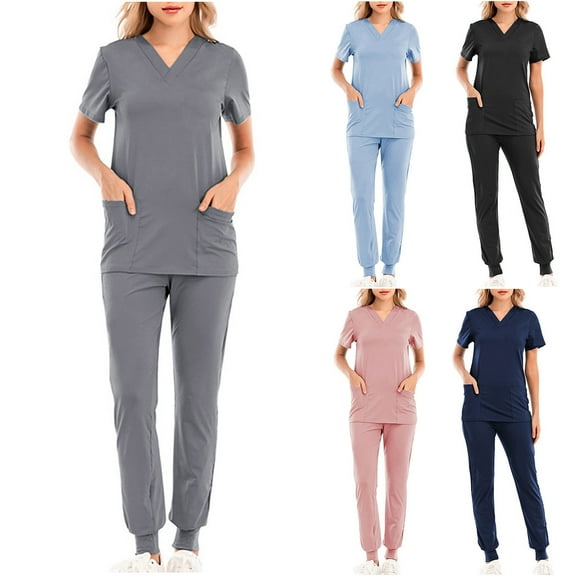 Feancey Medical Scrub Set for Woman V Neck Short Sleeve Scrubs Tops and Jogger Pants Two Piece Sets Nurse Stretch Quick Dry Workwear Outfits with Pockets Black L
