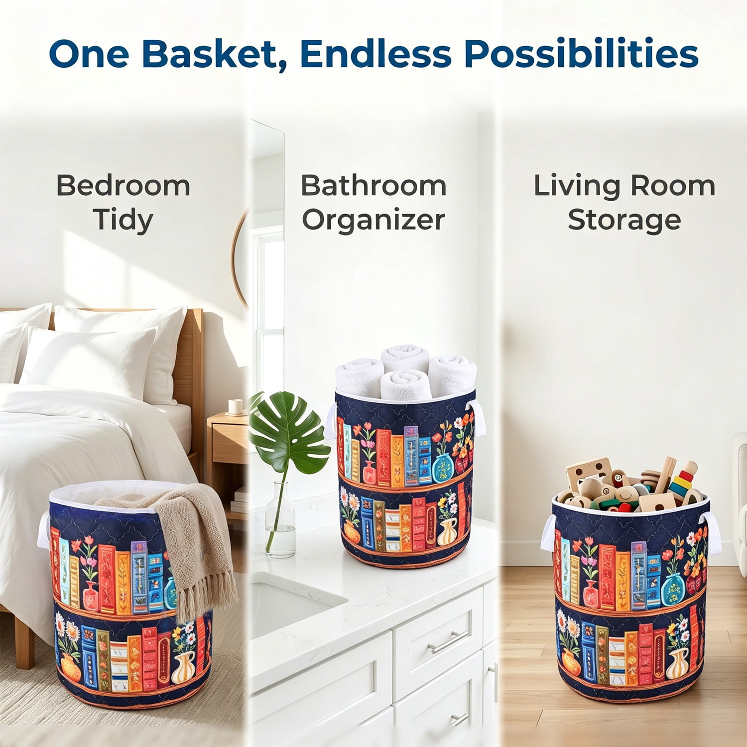 Yucurem Boho Fabric Floral Storage Hamper with Handle, Quilted Laundry Basket for Nursery Bedroom Laundry Room Clothes Toys (Bookshelf)