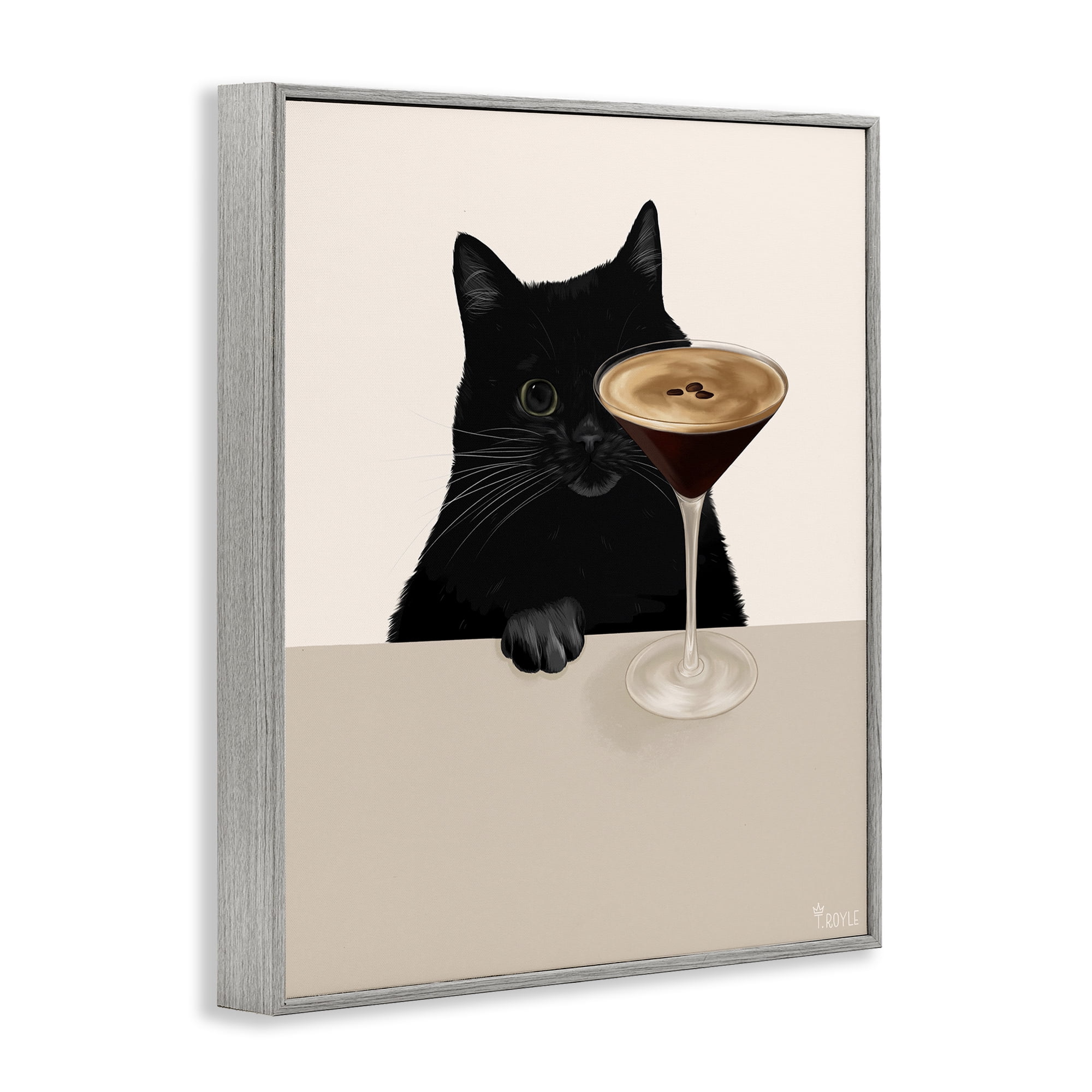 Stupell Industries Cat & Espresso Martini Food & Beverage Painting Gray Framed Art Print Wall Art, 16 x 20