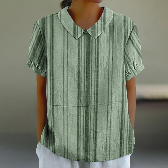 Fiudx Camisas de Mujer Camiseta Holgada Informal con Estampado para Mujer, Tops de Manga Corta con Cuello de Muñeca, Blusa Bonita y de Lino