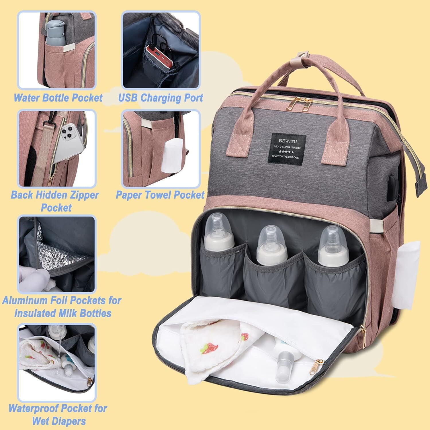 LQQBOX Diaper Bag with Changing Station,Diaper Bag Backpack,Girl Boy Diaper Bag,Large Capacity,900d Excellent Oxford(Ungrade Pink Grey)
