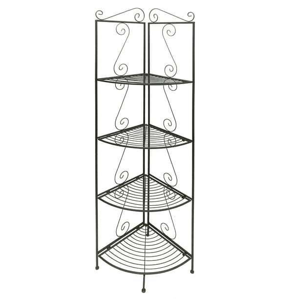 Four Tier Metal Foldable Corner Bookcase with Decorative Scrolled ...