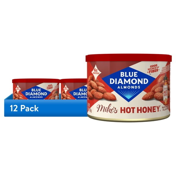 (12 pack) Blue Diamond Almond, Mikes Hot Honey Almonds Flavored Snack Nuts, 6 oz. Resealable Can