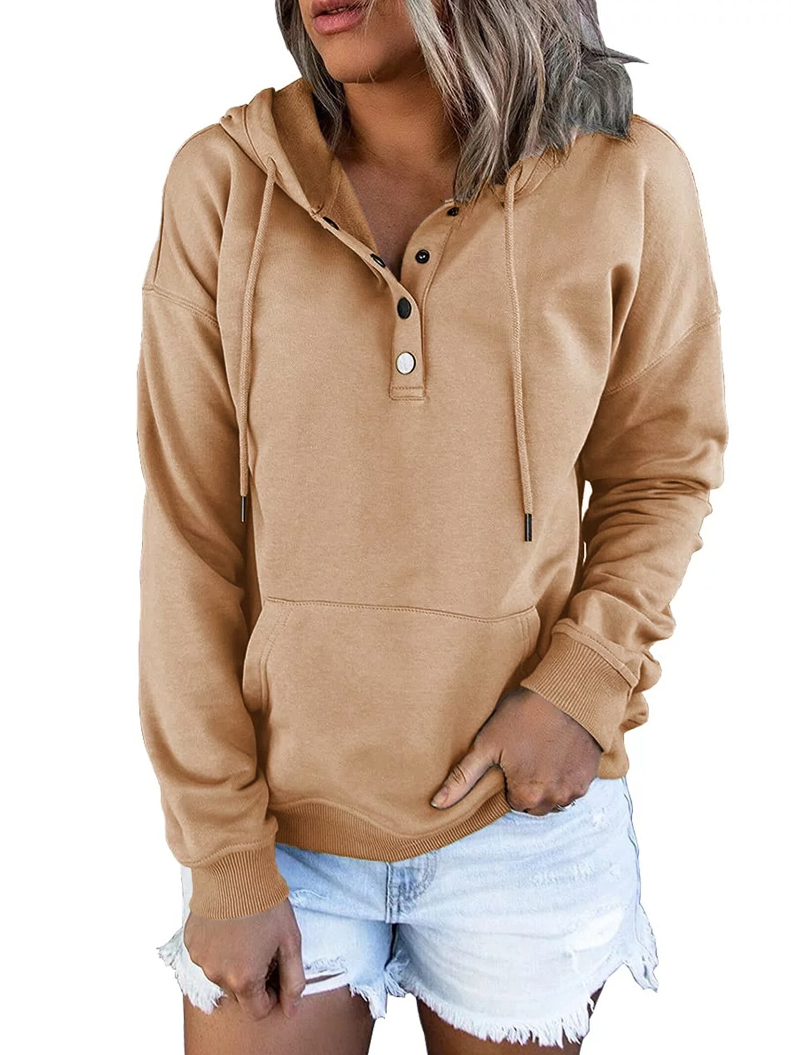 MOSHU Half Boutton Womens Hoodies Drawstring Hooded Sweatshirts for