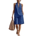 thumbnail image 2 of Qwertyu Linen Sets for Women 2 Piece Summer Outfits V Neck Halter Sleeveless Tops and Wide Leg Bermuda Shorts Cotton Linen Casual Two Piece Sets Blue XL, 2 of 7