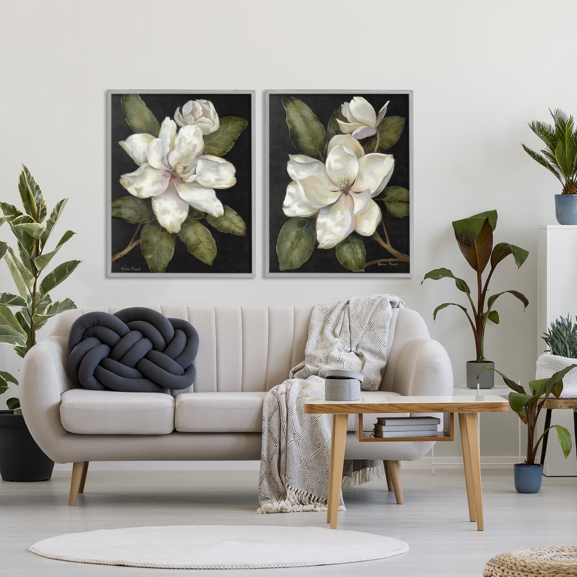 Stupell Industries Magnolia Buds & Blooms 2 Piece Gray Framed Giclee Art Set, design by Nan
