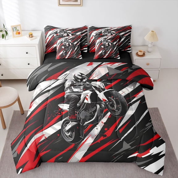 Manfei Speed Motocross 7-Piece Twin Bedding,Speed Games Bedding Comforter Set,Red White,Black Reversible