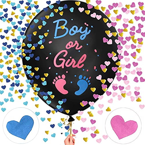 Gender Reveal Balloon 36" XXL Black for Baby Boy or Girl with Pink&Blue Confetti 