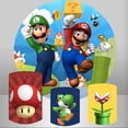 thumbnail image 2 of Fondo con temática de Super Mario Bros, cubiertas redondas, fondo para fiesta de cumpleaños de niños, decoración para baby shower, pedestal cilíndrico, pancarta elástica, 2 of 5