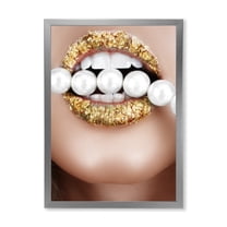 Designart 'Gold Leaf Lips Mouth With Pearls' Modern Framed Art Print