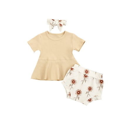 

Carolilly Baby Girl Ribbing Round Neck Short Sleeve Shirt Flower Shorts