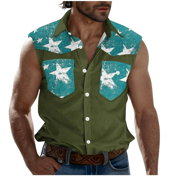 Camisas de Cuello para Hombres, Moda Casual Día de la Independencia Imprimir Turndown Bolsillos sin Mangas Tanque Deportivo