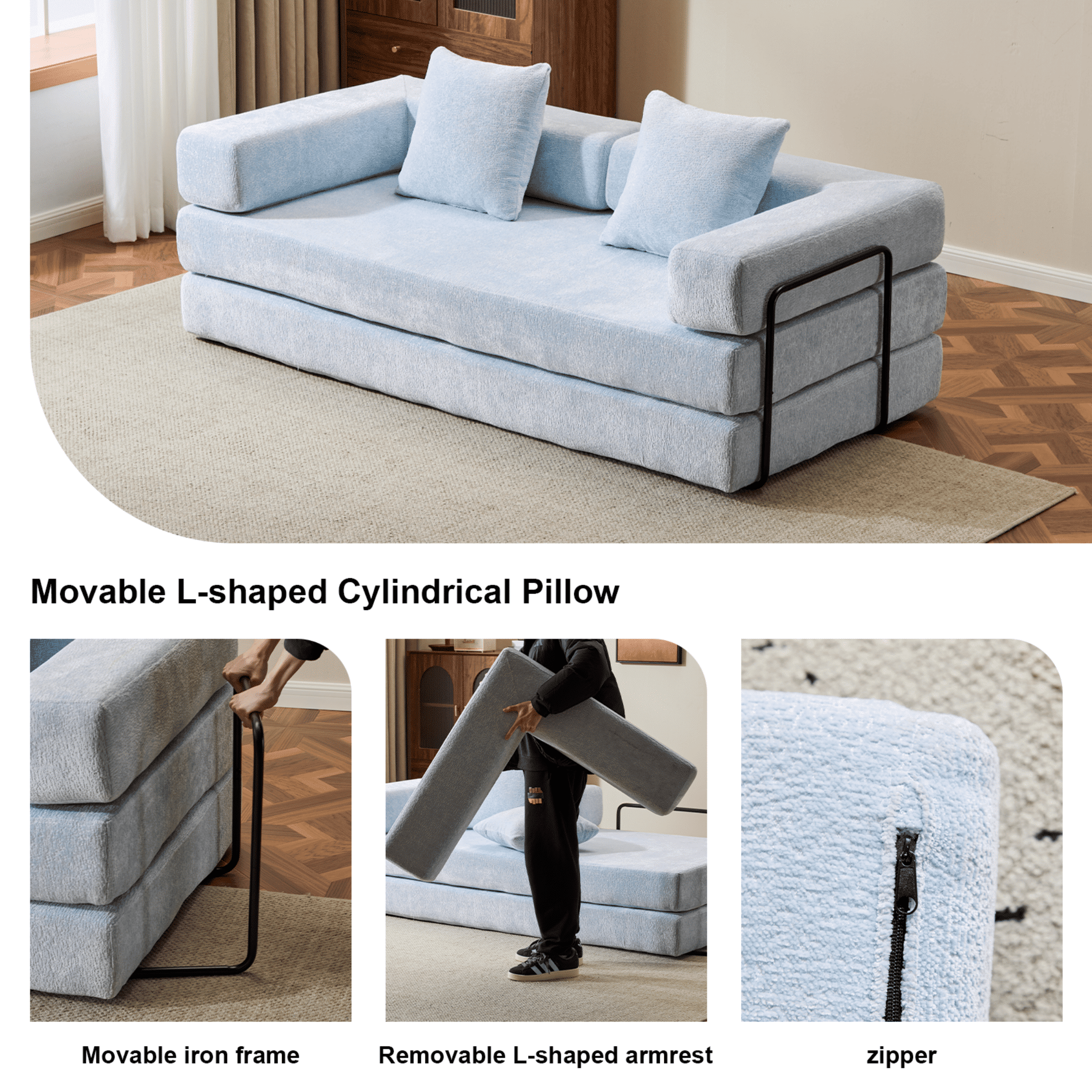 Alvantor 77" Convertible Sofa Bed, Compression Couch with 2 Pillow and Back Support Armrest for Living Room, Light Blue