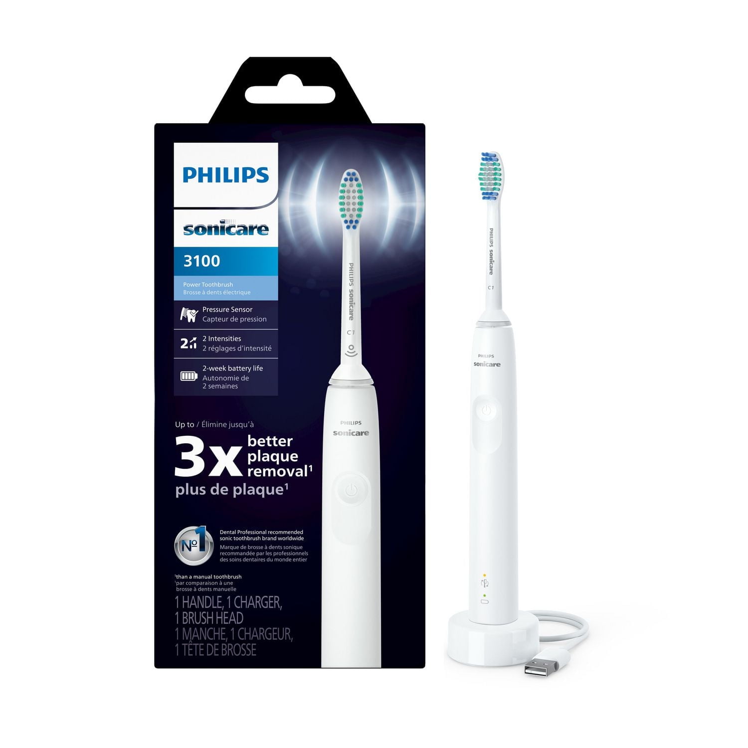Philips Sonicare 3100 Power Toothbrush, Rechargeable Electric Toothbrush with Pressure Sensor, White HX3681/03, Philips Sonicare 3100 Power Toothbrush