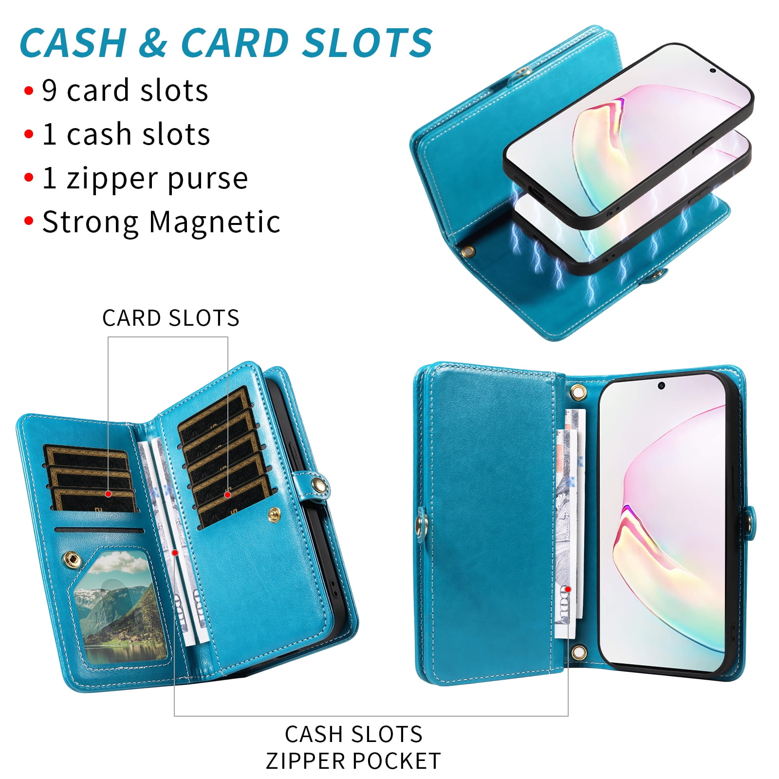 Asuwish Phone Case for Samsung Galaxy Note 10 Plus Note10+ 5G Zipper Wallet Detachable Cell Cover with Screen Protector Strap Flower Flip Card Holder Note10 + Notes 10+ Ten Not S10 10Plus Women Blue