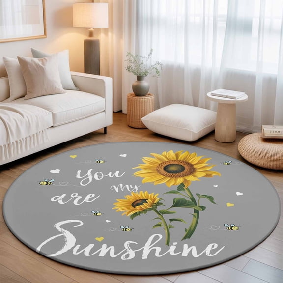 Round Area Rugs 3.3Ft, Sunflowers Non-Slip Washable Circle Rugs Carpet, Spring Summer Bees Yellow Floral Grey Indoor Outdoor Rug Floor Mats Throw Runner for Bedroom Living Room Bathroom