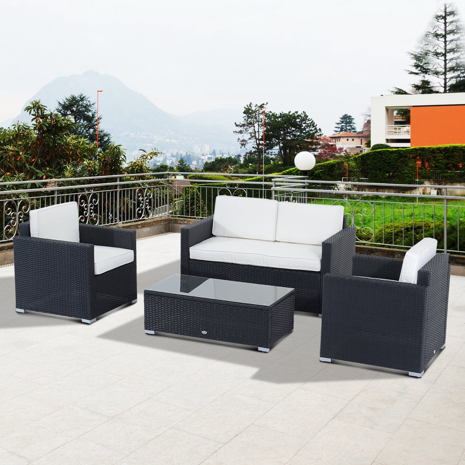 Outsunny Modern 4 Piece Cushioned Outdoor Rattan Wicker Sofa Sectional Patio Conversation Furniture Set Conversation Sets Patio Furniture Accessories