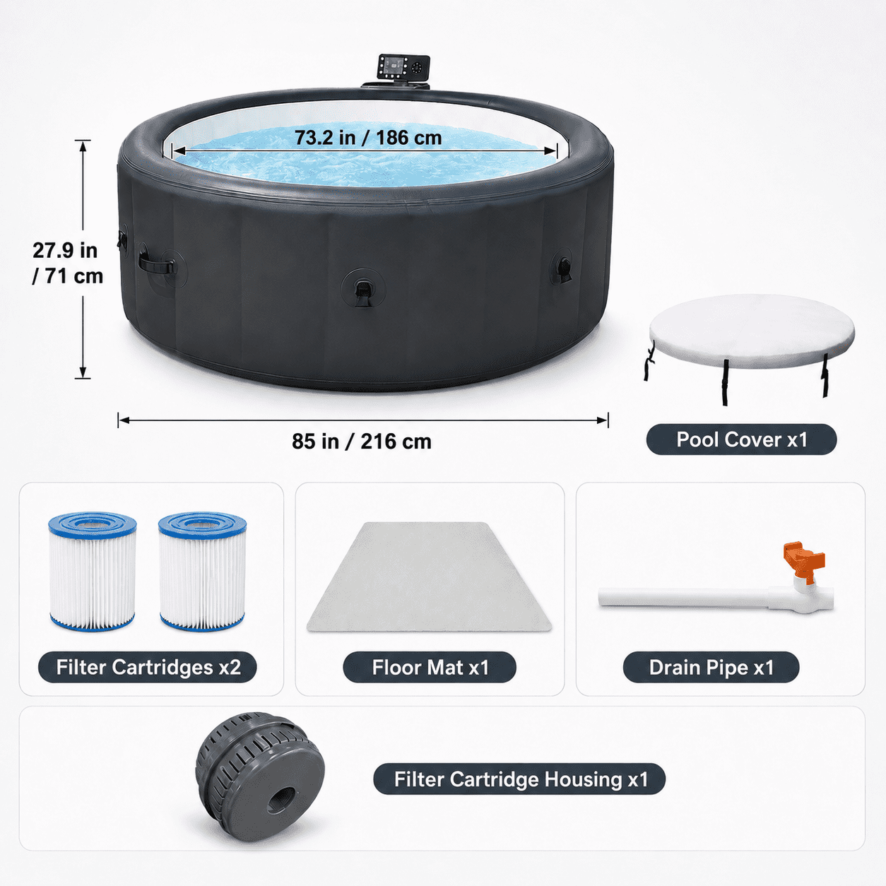 85" Inflatable Hot Tub for 4-6 Persons, Portable Outdoor Spa Tub with 150+ Air Jets, 104°F Heating, 6-Color Ambient LED Lights, Bubble Massage, One-Touch Inflation, Filter System, Cover & Floor Mat