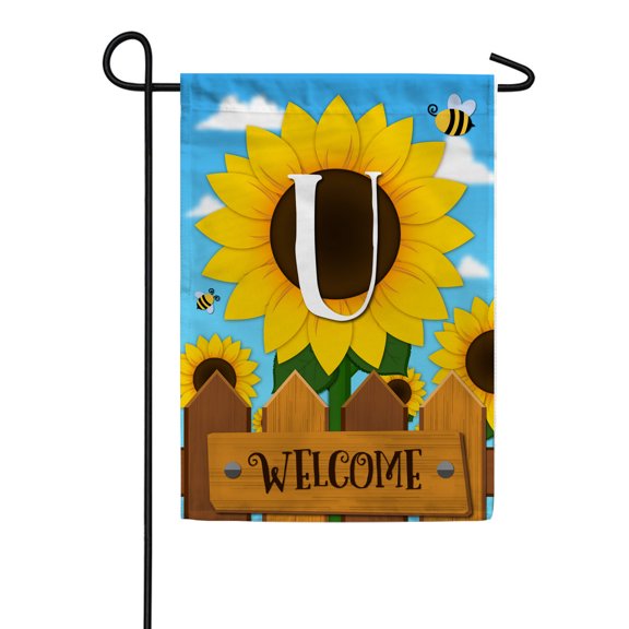 America Forever Spring Monogram Garden Flag Letter U 12.5 x 18 inches Double Sided Vertical Outdoor, Yard, Lawn, Beautiful Bright Sunlowers, Floral Design, Honeybee, Summer Welcome Garden Flag