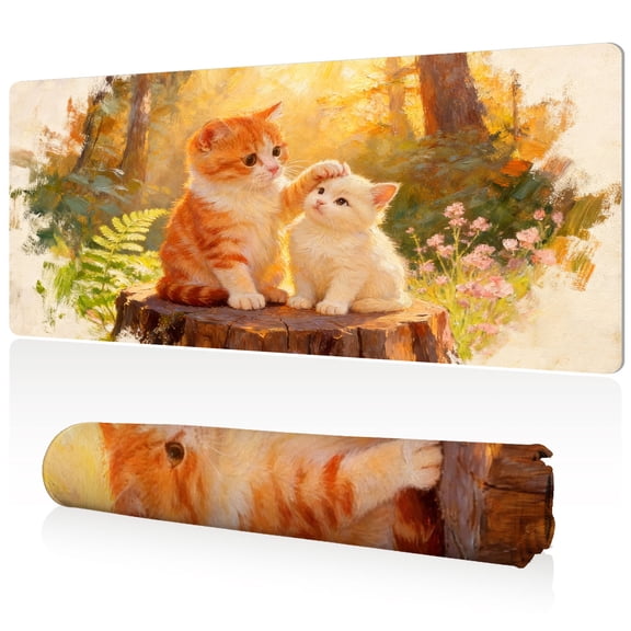 LIVEKEY Mouse Pad Durable Easy Clean Extra Large 80x40x0.3cm Full Desk Coverage with Cute Kittens on Stump Art Non Slip Sewn Edges