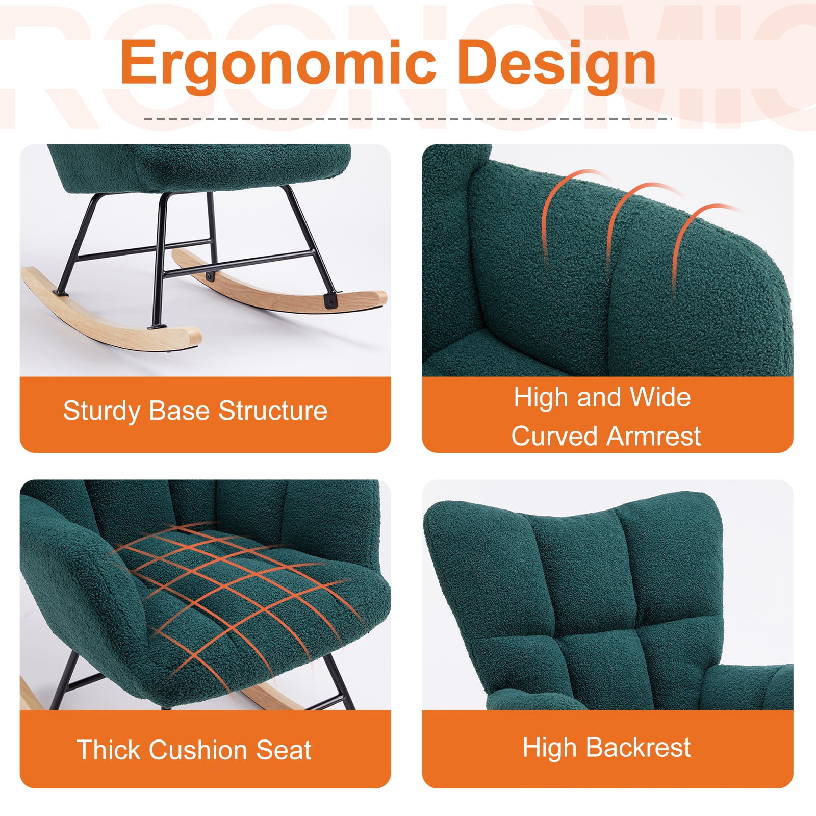 EDX Modern Rocking Chair, Teddy Upholstered Glider Rocker with High Backrest and Armrests for Living Room & Bedroom, Green