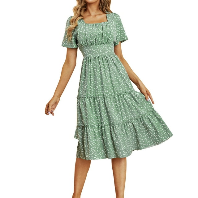 B91xZ Femmes Robe Manches Courtes Wrap V Cou Cravate Taille Volant une Ligne Mini Robes Courtes, Vert L