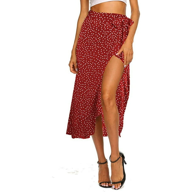 Women s Boho Leopard Skirt High Low Split Summer Beach Midi Wrap Skirts Red Dot S