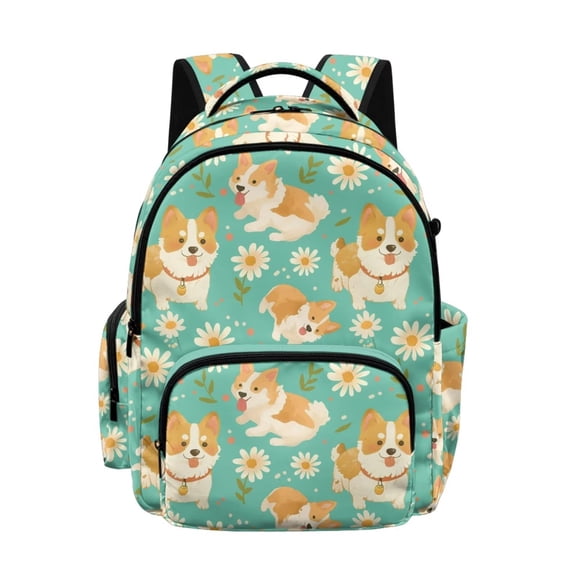 FKELYI 17 Inch School Backpack for Boys & Girls Spacious Schoolbag for Elementary Student Daisy Floral Corgi Green Print Casual Daypack Lightweight Book Bag Travel Bags
