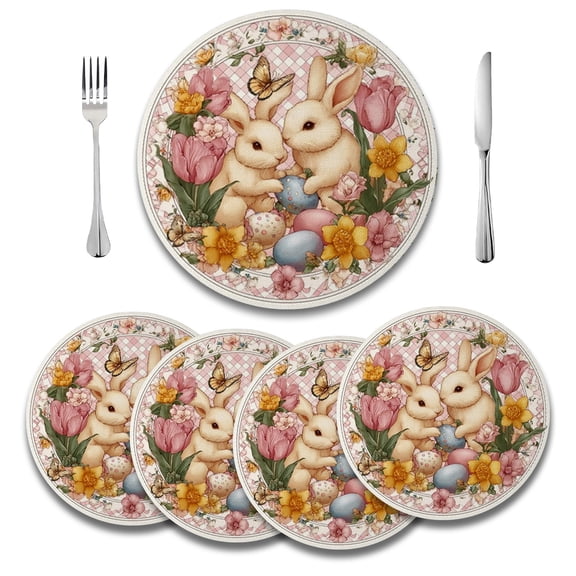 MIZHONA Happy Easter Round Placemats Set of 4,Spring Easter Funny Rabbit Table Place Mats Floral Decor 14 inch