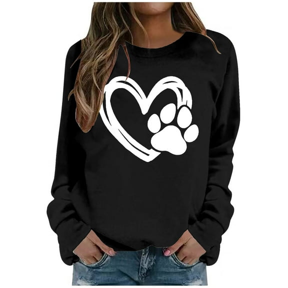 Oversize Women Sweatshirts Dog Paw Heart Animal Print Long Sleeve Crew Neck Plus Size Pullover Tops