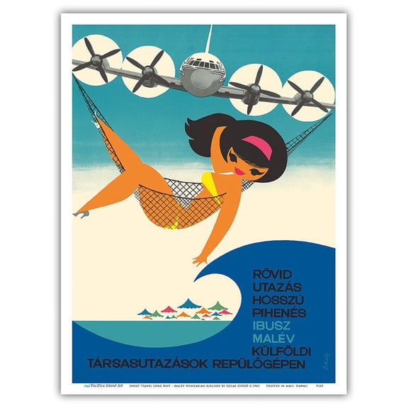 Short Travel Long Rest - Malév Hungarian Airlines - Vintage Airline Travel Poster by Szilas Győző c.1963 - Master Art Print (Unframed) 9in x 12in