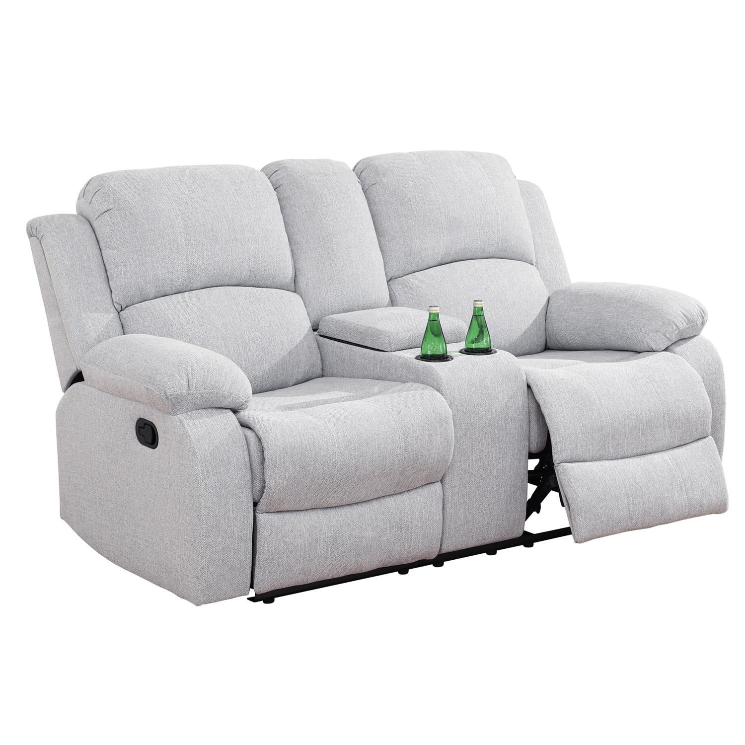 Gewnee Linen Fabric Manual Reclining Loveseat with 2 Recliners and Cup Holders,Gray