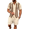 thumbnail image 4 of Men's 2 Piece Outfits Sets Vintage Knit Striped Button Down Polo Shirt & Shorts Sets Short Sleeve Polo Casual Beach Suits Khaki L, 4 of 4