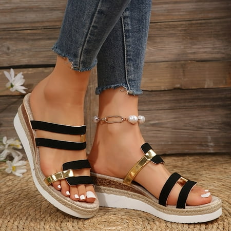

YOUSNH Ladies Summer Casual Colour Blocking Soft Leather Woven Straw Bottom Thick Bottom Slope Heel Large Size Sandals Slippers Summer Sandals for Women 2024 Black 8.5(41)