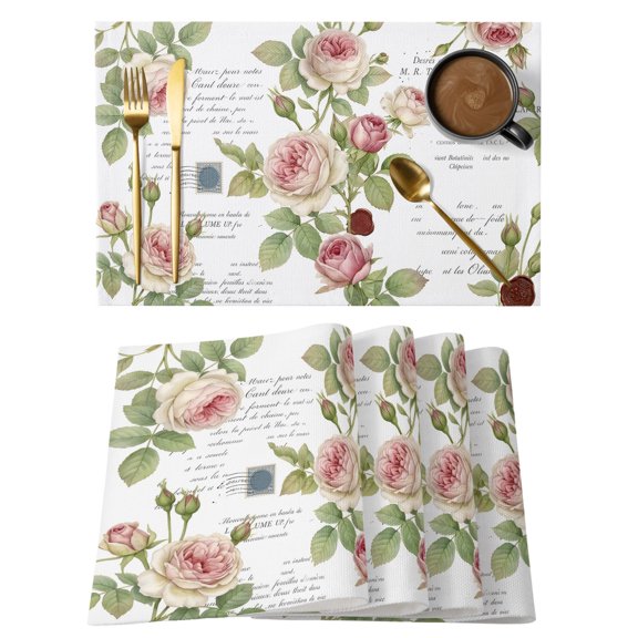 Spring Climbing Roses Placemats Set of 12, Rustic Vintage Pink Flower Floral Green Leaves Non-Slip Place Mats Washable Table Mats for Kitchen Dining Table Decorations Indoor/Outdoor