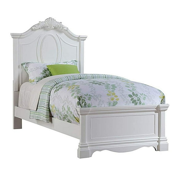 Traditional Style Wooden Full Size Bed with Crown Carved Headboard White