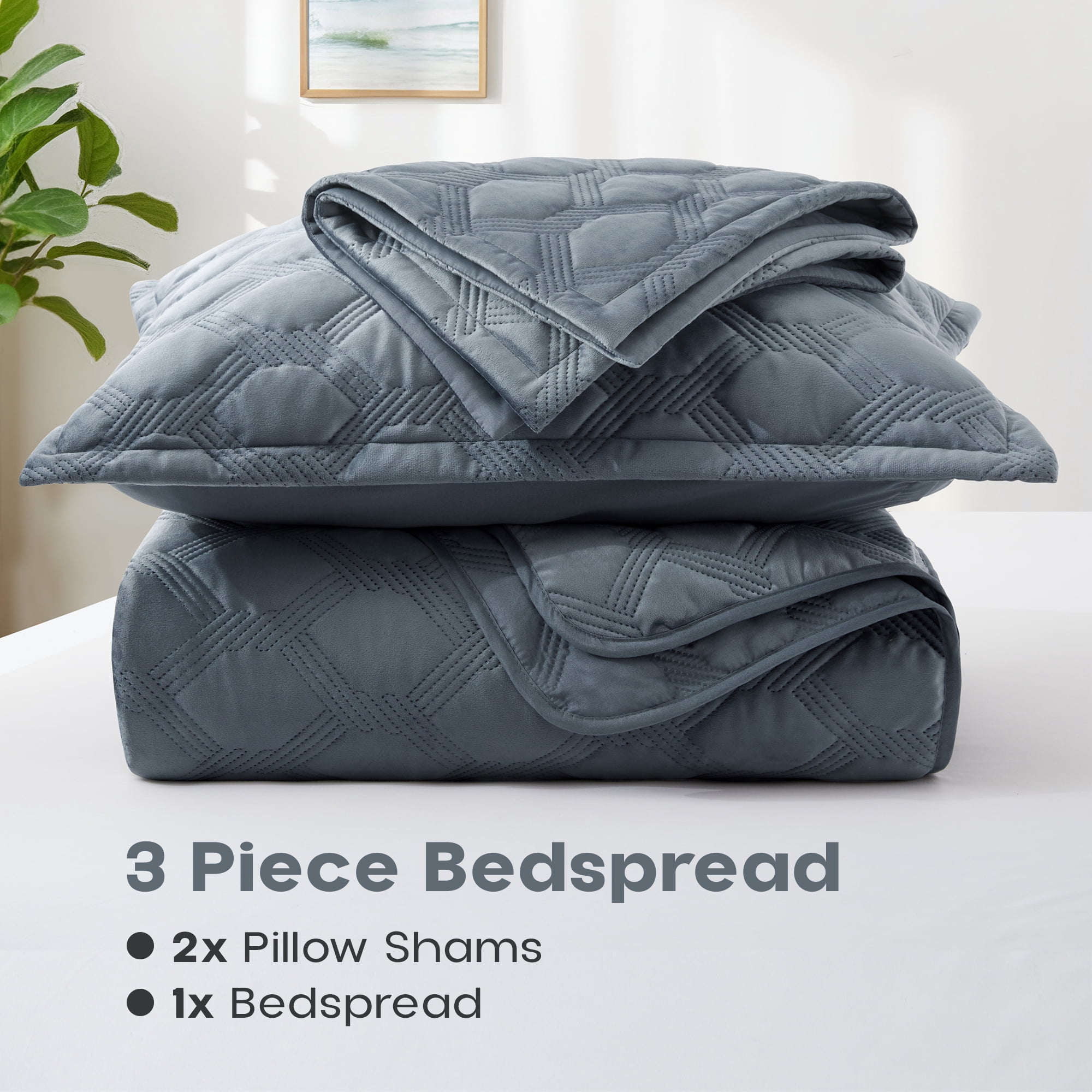 Ameha Velvet Bedspread King Size 3 Piece Set Bluish Grey Geometric Quilt Ultra Soft Lightweight Reversible Washable Bedding 350GSM