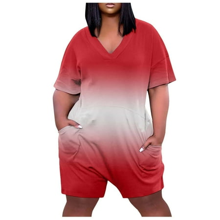 

Womens Plus Size Rompers Summer Short Sleeve V Neck Casual Loose Wide Leg Shorts Jumpsuits Playsuit with Pockets