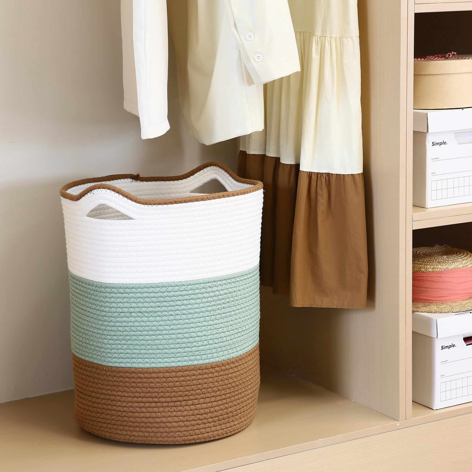 Sea Team Large Size Cotton Rope Woven Storage Basket Laundry Hamper with Handles, 14 x 20 inches, Green & Brown