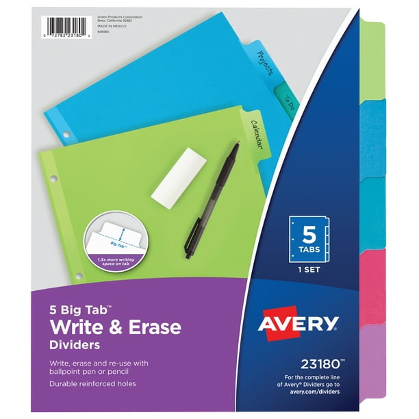 Avery Big Tab Write & Erase Dividers, 5 Multicolor Tabs
