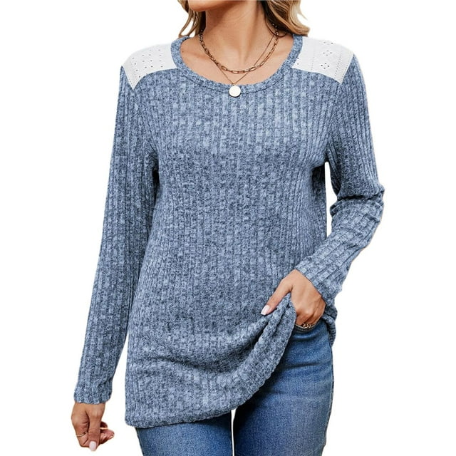 Camisas de Larga y Cuello Redondo para Mujer, Corte Holgado, Estilo Túnica Informal Elegante, Suéter, Ropa de Otoño e Invierno Azul XXL