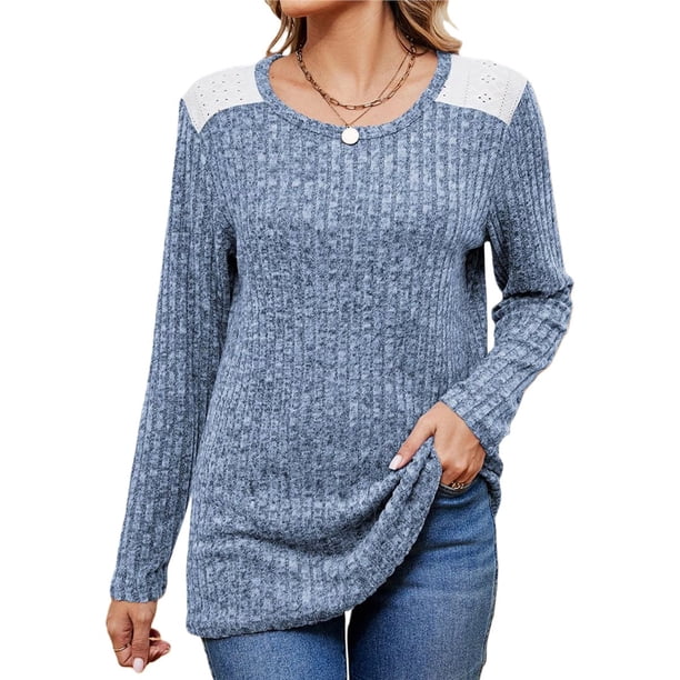 Camisas de Larga y Cuello Redondo para Mujer, Corte Holgado, Estilo Túnica Informal Elegante, Suéter, Ropa de Otoño e Invierno Azul XL