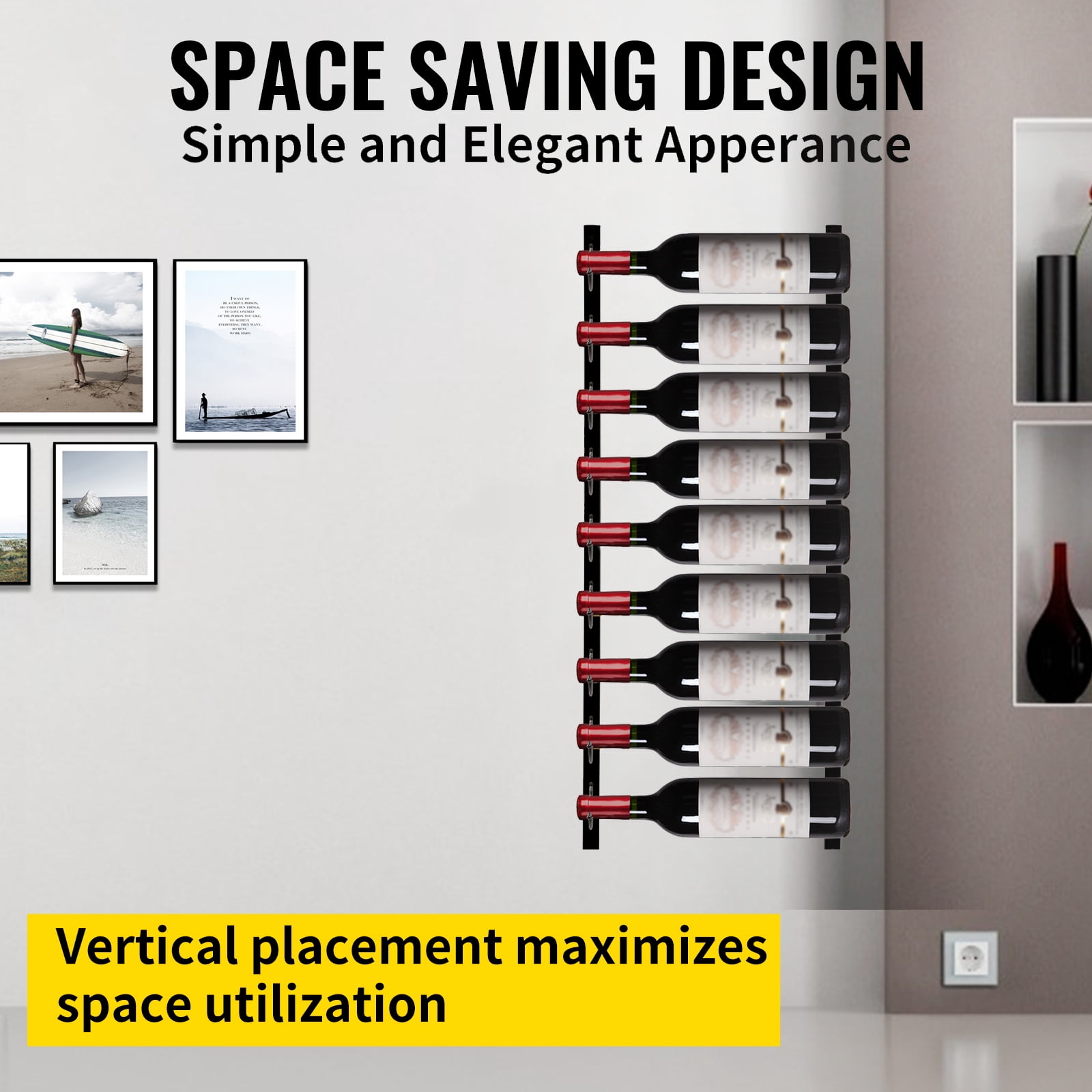 VEVOR Wall Mounted Wine Rack 9 Bottles,Wine Holder Towel Rack Black Steel Vertical Wine Rack, Modern Decorative Wall Mounted Wine Bottle Holder, Forward Design Simple Storage Wall Rack 35x6x1"